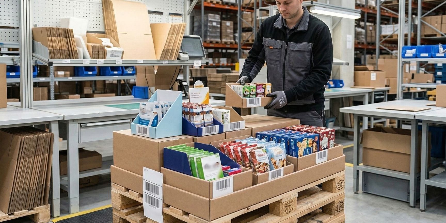 Eine komplexe Handling Unit (HU) in der Kontraktlogistik: Eine Europalette, die als Basis dient und mehrere kleinere, eindeutig etikettierte 'verschachtelte' (nested) Verkaufseinheiten und Displays trägt, die von einem Mitarbeiter aufgebaut werden